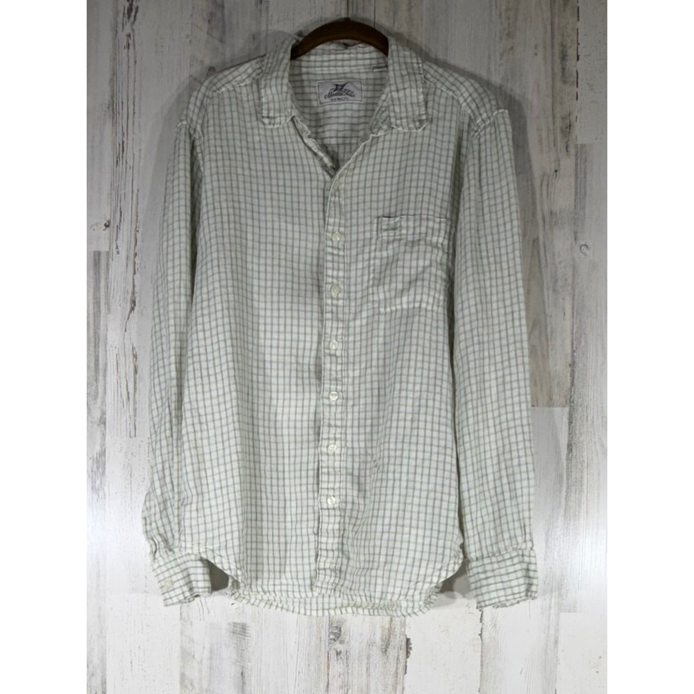 Madda Fella Linen Button Up Shirt Medium Pastel Green White Windowpane Plaid